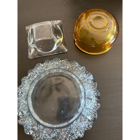 Amber Thick Clear Crystal Glass Set Of 3 Cigarette Ashtray Decorative Vintage - Picture 5 of 9